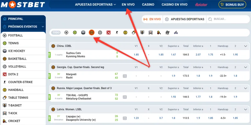 Sección de apuestas de baloncesto en vivo en MostBet