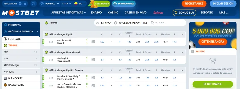 Opciones de apuestas de tenis en MostBet para jugadores colombianos