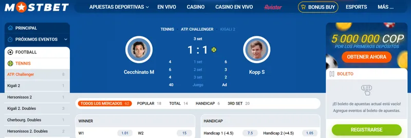 Apuestas de tenis en vivo en MostBet para jugadores colombianos