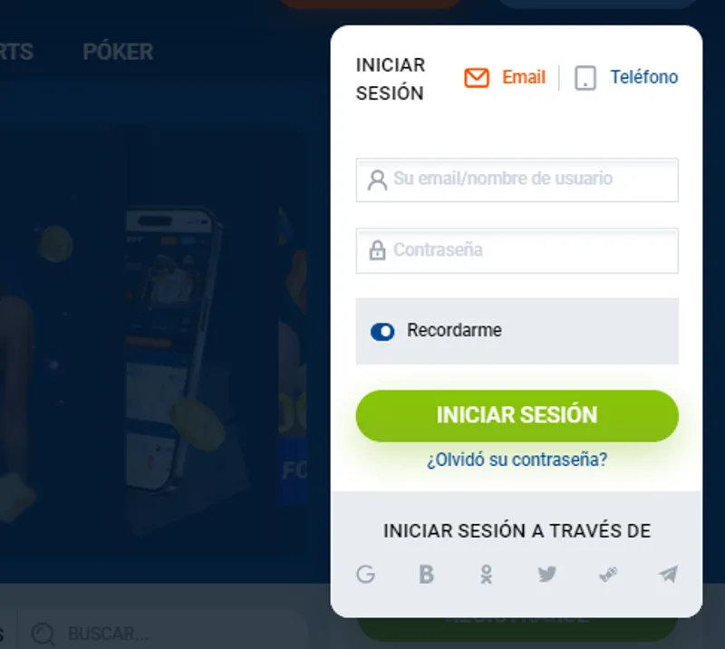 Formulario de inicio de sesión para la cuenta personal del jugador de MostBet