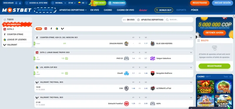 La sección de eSports del sitio web de MostBet en Colombia