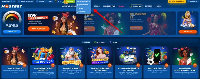 La sección de promociones en el sitio web de la casa de apuestas MostBet