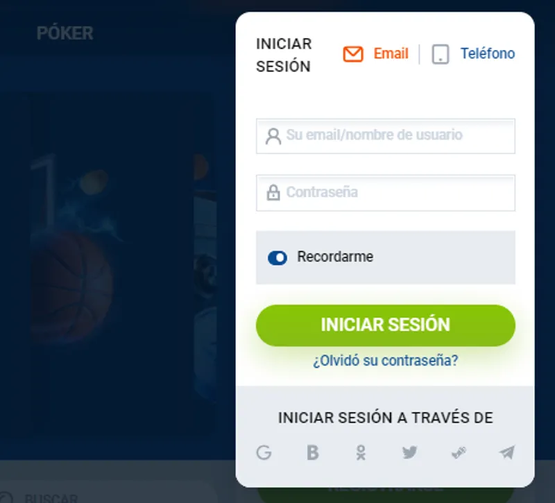 Formulario de inicio de sesión para tu cuenta en el sitio web de MostBet