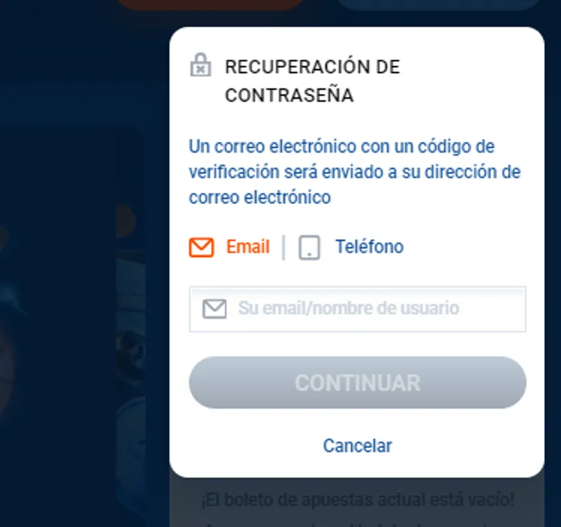 Formulario de recuperación de contraseña para tu cuenta personal de MostBet