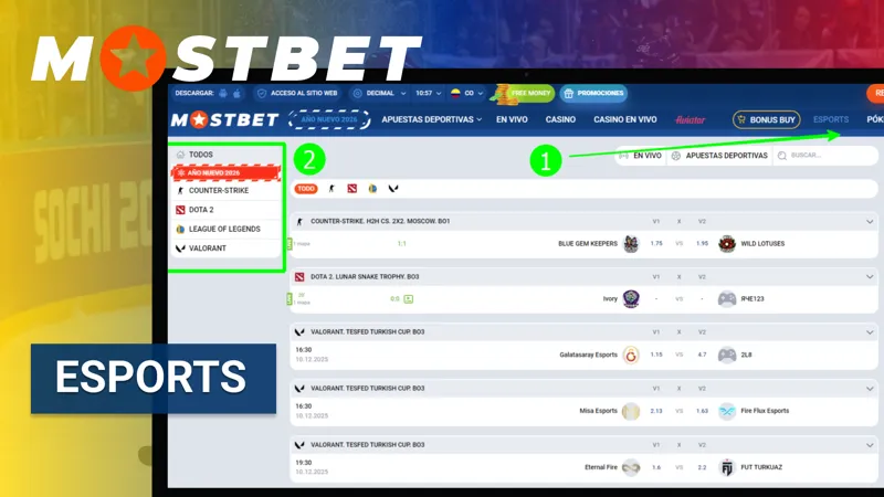 Apuestas en eSports como Dota 2, CS2, Valorant, LoL y Free Fire en Mostbet Colombia
