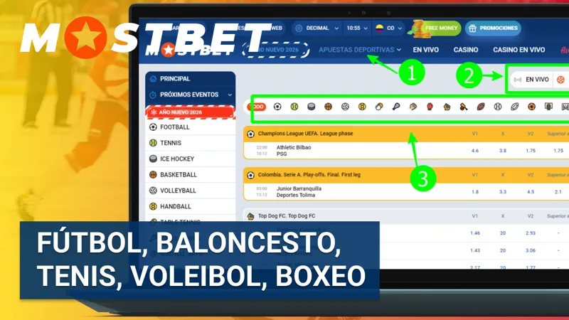 Apuestas en fútbol, baloncesto, tenis, voleibol y boxeo disponibles en Mostbet Colombia