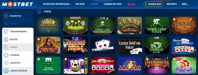 Variedad de juegos de póker en el casino online MostBet