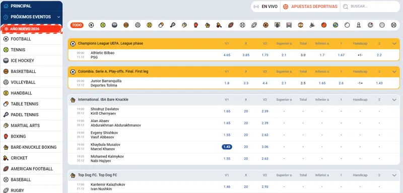 Sportsbook de Mostbet Colombia con amplias opciones de apuestas en deportes locales e internacionales.
