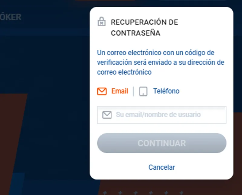 Formulario de recuperación de contraseña para iniciar sesión en su cuenta personal de MostBet